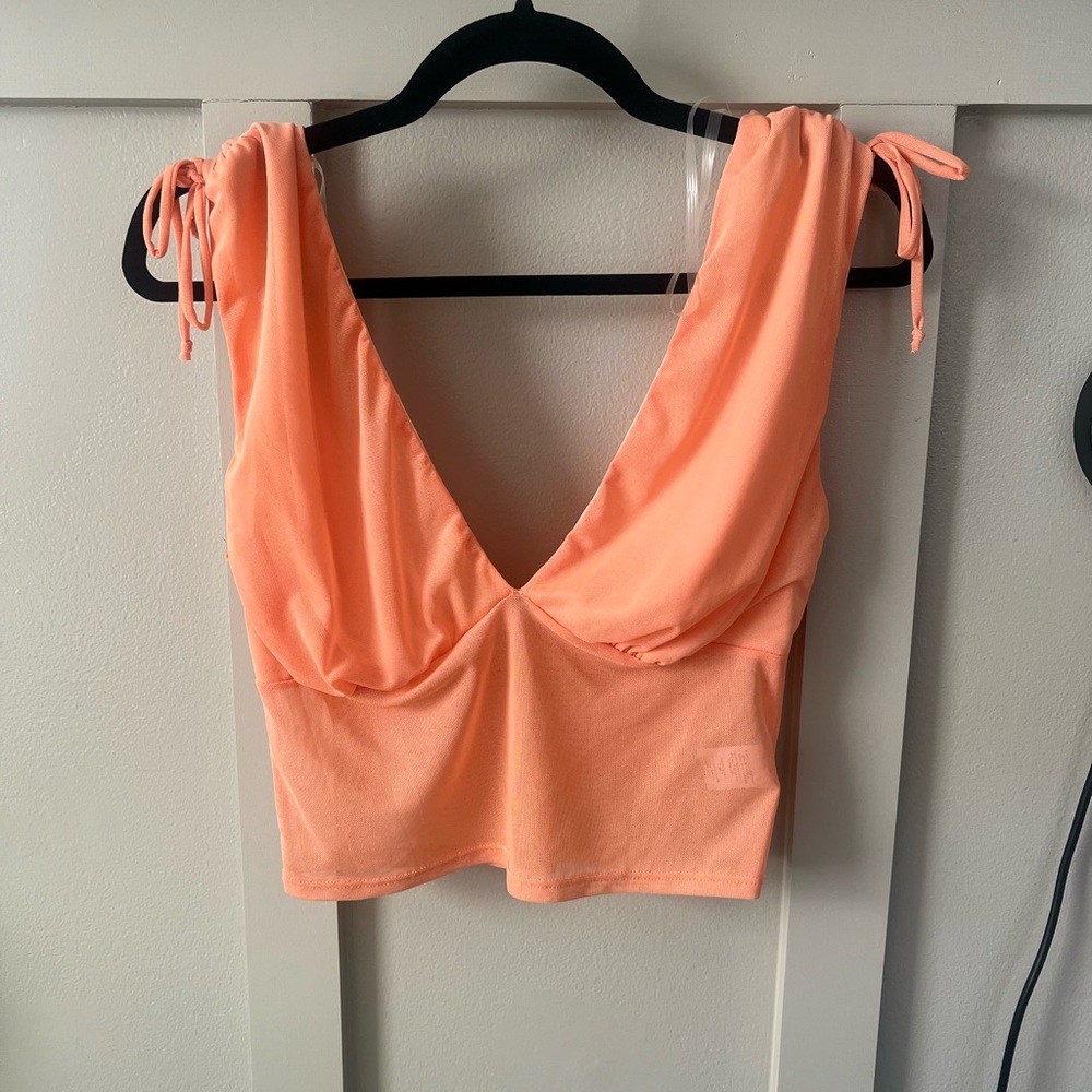 Peach Sleeveless Mesh Tie-Shoulder Crop